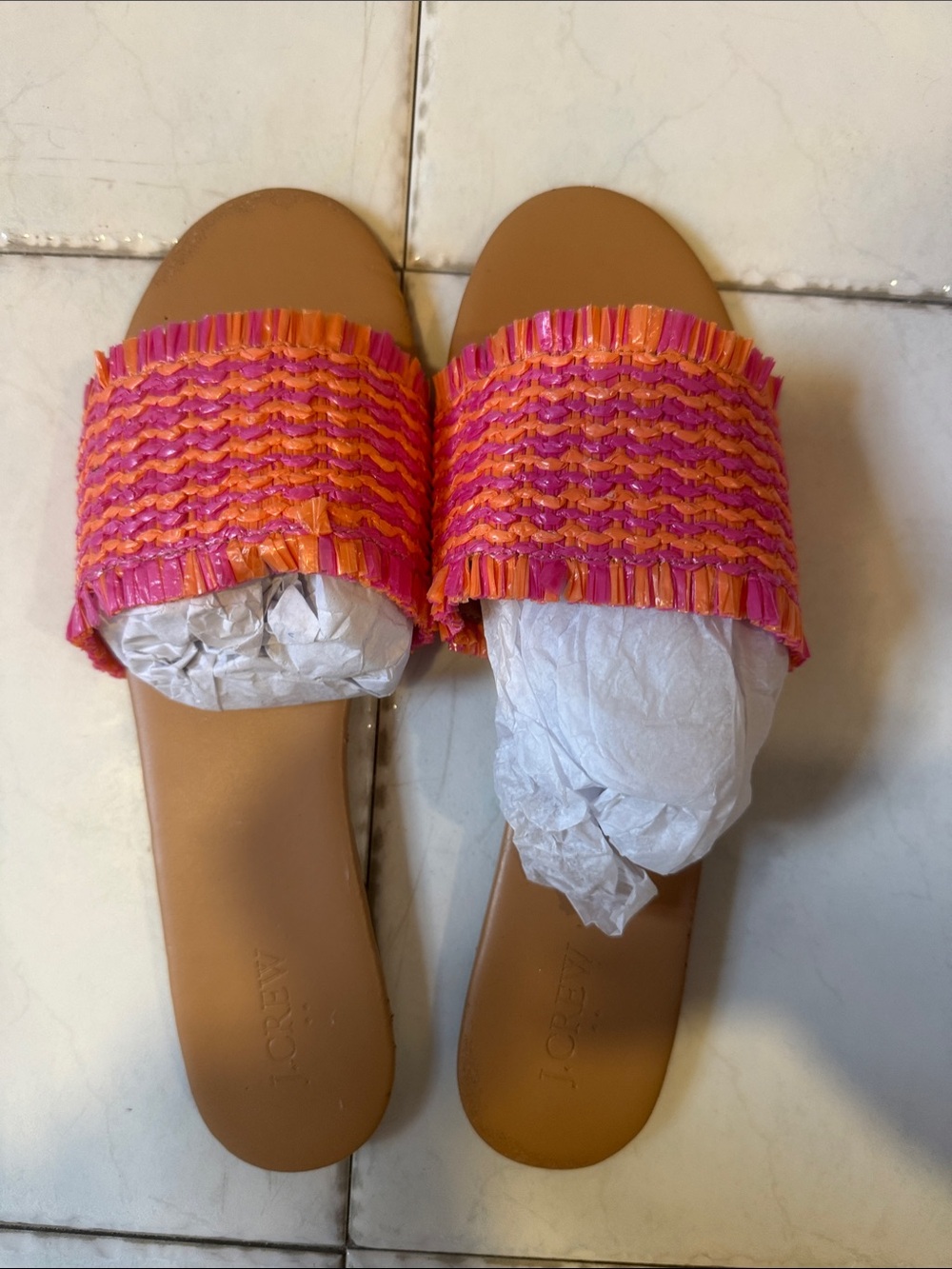 J. Crew Woven Fringe Slide Sandals in Pink and Orange
